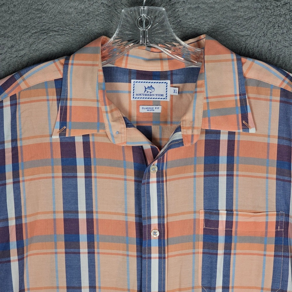 Southern Tide Shirt Mens XL Orange Blue Plaid Classic Fit Short Sleeve